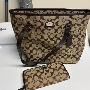 Coach Brown and Tan Signature Shoulder Bag with Wallet